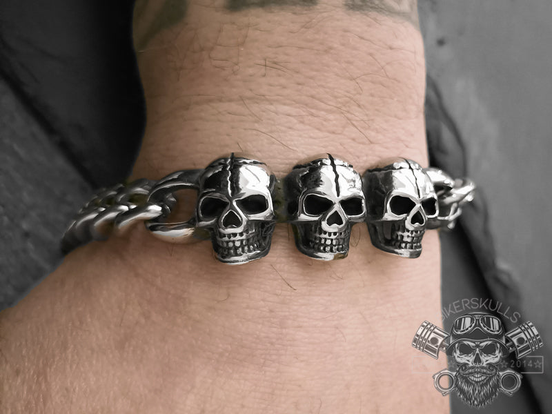 Bracciale Biker Skull Math con tre teschi in acciaio 316L