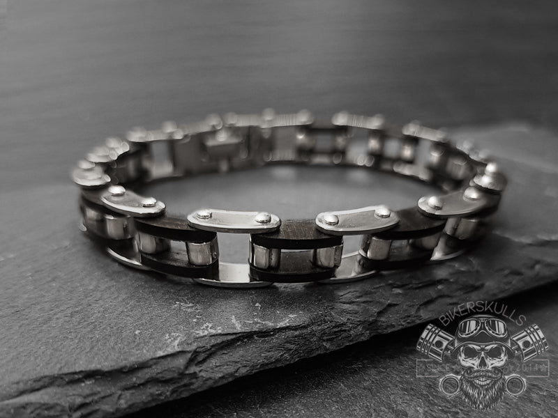 Bracciale Bike chain in acciaio con parti in silicone nero