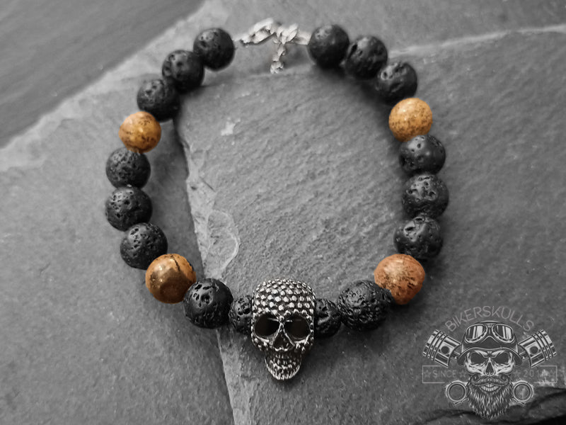 Tengu skull bracelet with lava stone and tiger eye 