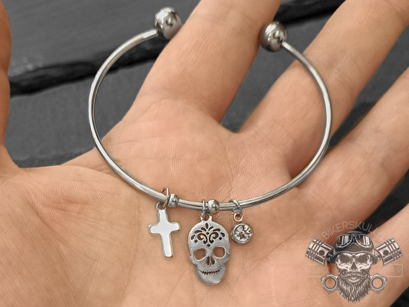 Bracciale Flegias bangle con teschio e croce in acciaio