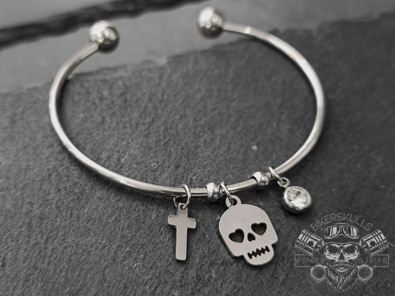 Bracciale Minosse bangle con teschio e croce in acciaio