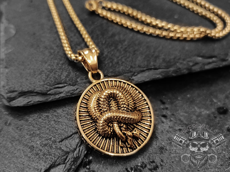 Punk Coiled Snake necklace in golden steel with snake