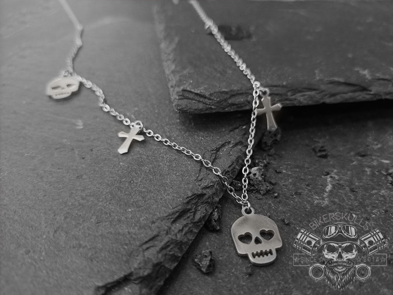 Bikerskulls stainless steel skulls with cross necklace