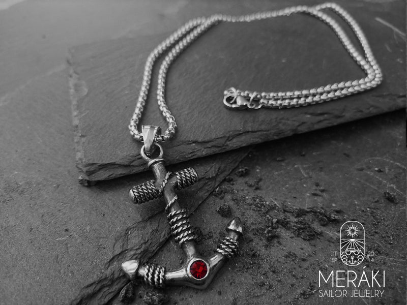 Meraki Briseida stainless steel anchor with red zircon necklace