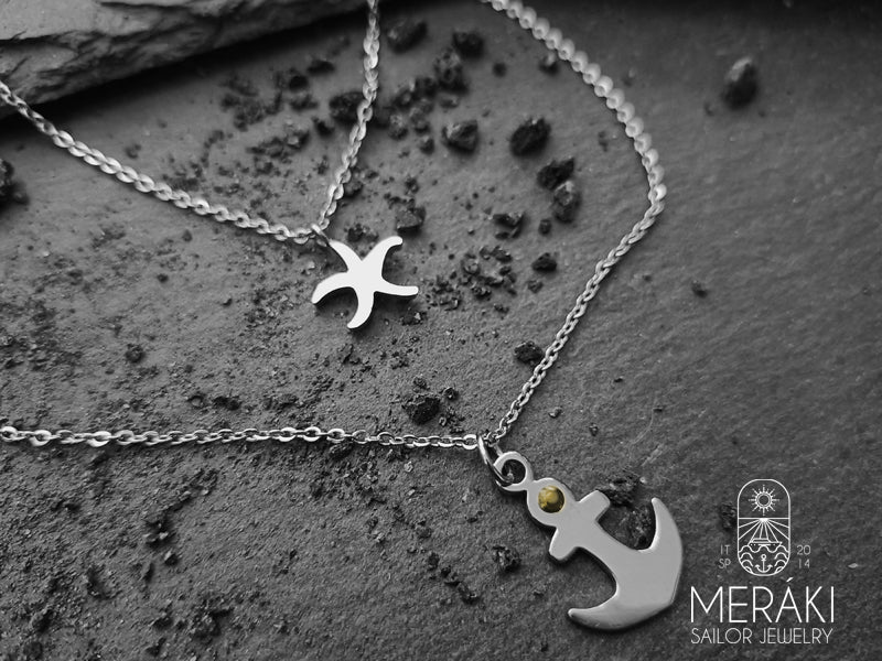 Meraki sailor jewelry doppia collana a maglia fine con ancora e stella marina