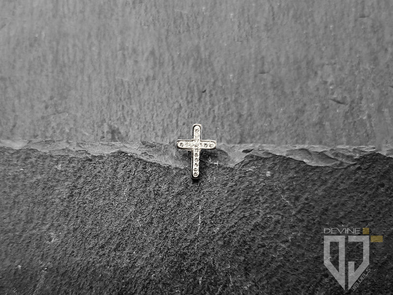 Questo è un classico orecchino a perno da lobo realizzato in acciaio inossidabile con design a croce con sedici zirconi cubici bianchi e finitura argentata.