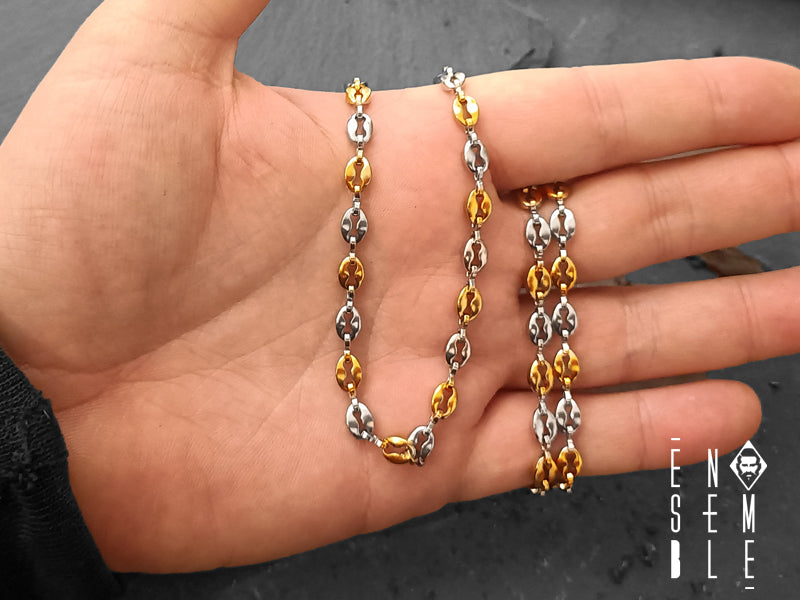 Collana uomo Ensemble in acciaio maglia Chicchi di Caffè 5mm bicolor