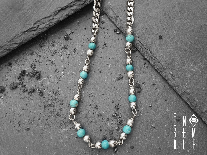 Collana uomo Ensemble maglia Curb e pietre Turchese 6 mm