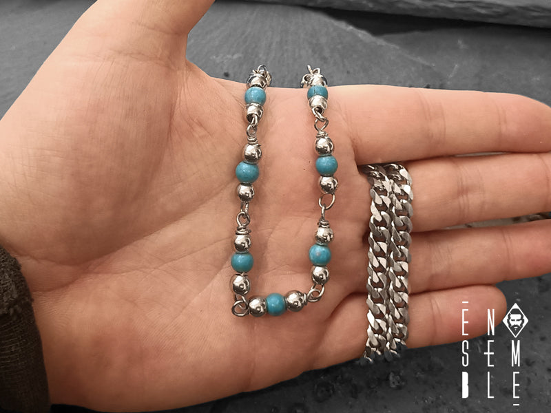 Collana Ensemble in acciaio maglia Curb e pietre Turchese