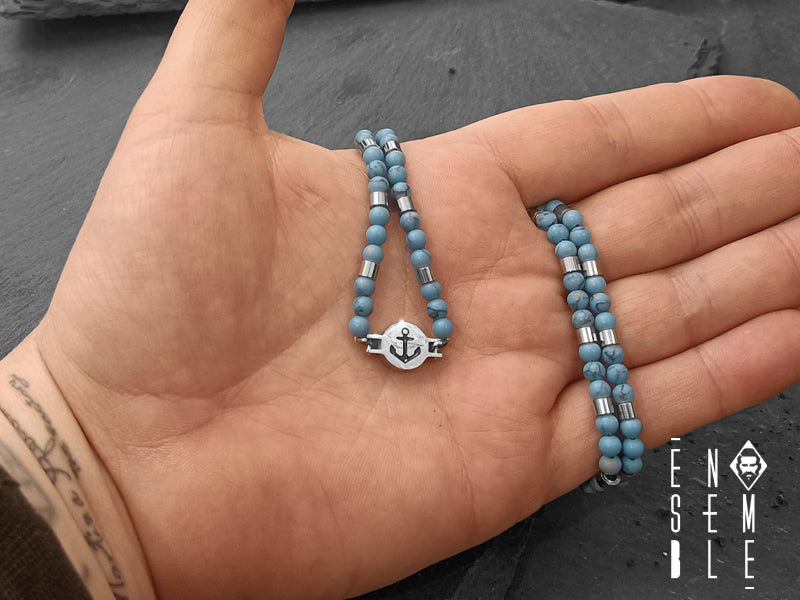 Collana Ensemble con ancora incisa e pietre Turchese