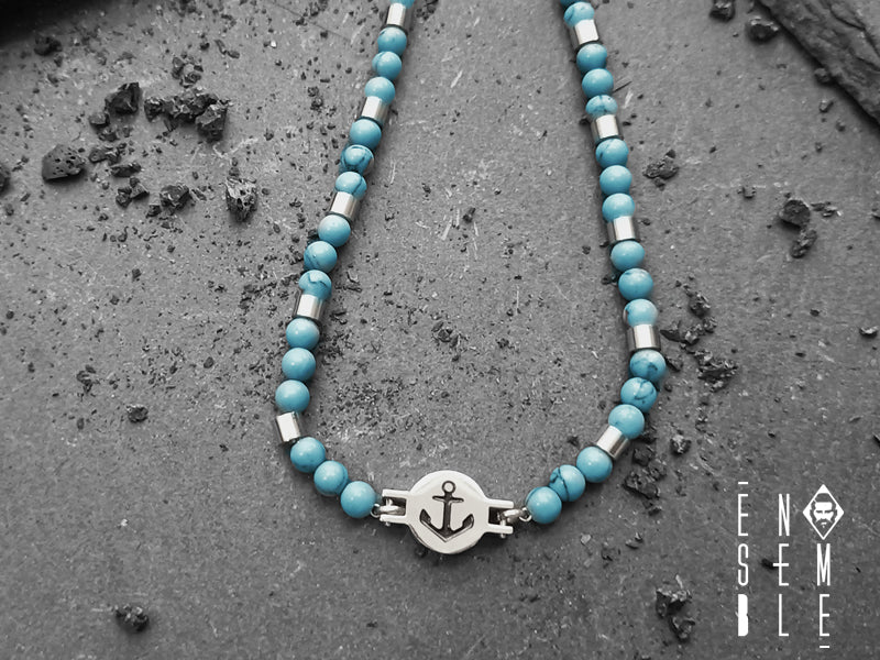 Collana uomo Ensemble Ancora con pietre Turchese 4 mm