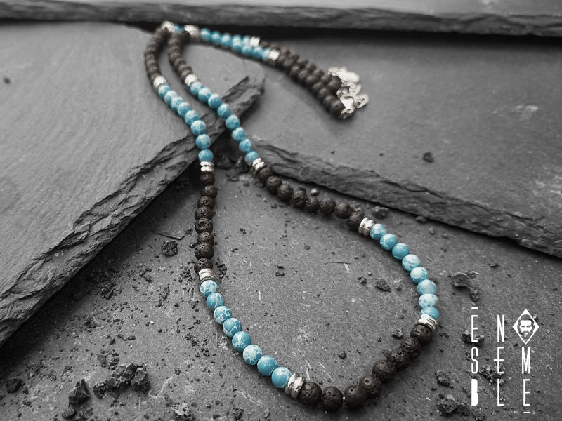 Collana in acciaio con pietra Lavica e Turchese da 4 mm, alternate ad elementi di acciaio 