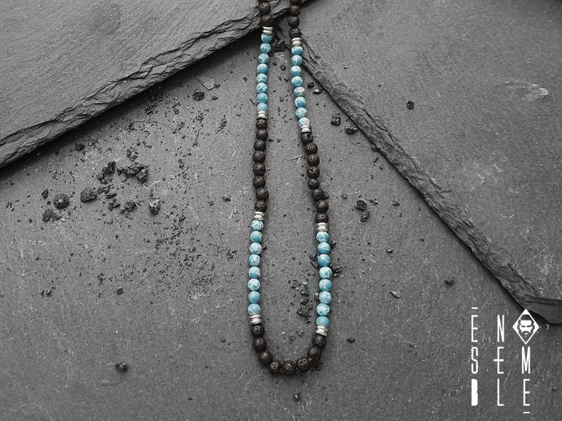 Collana Ensemble in acciaio con pietra Lavica e pietre Turchese da 4 mm