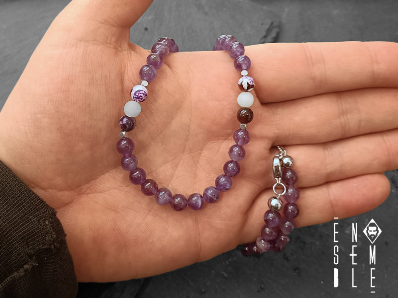 Collana Amestista e Agata da 6 mm con cubetti in acciaio