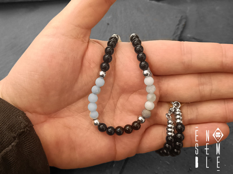 Collana Ensemble da uomo acciaio con pietre Agata bicolor da 6 mm