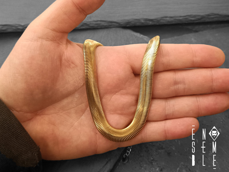 Ensemble  stainless steel 10 mm gold flat snake necklace