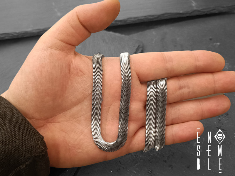 8mm Flat Snake Ensemble Necklace in Silver-Plated Steel - 60cm