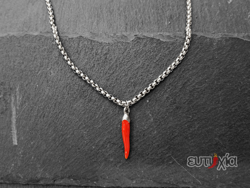 Collana girocollo unisex in acciaio 316L, con pendente a forma di cornetto con smalto rosso.