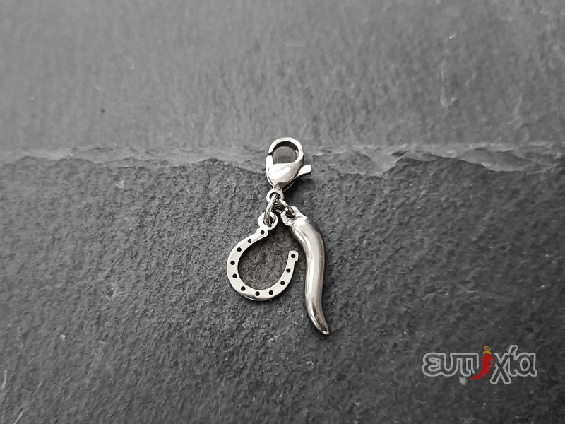 Ciondolo pendente a forma di ferro di cavallo e cornetto tono su tono con moschettone realizzato in acciaio 316L