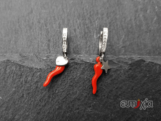 Amelie earring with red horn with star and heart in steel 