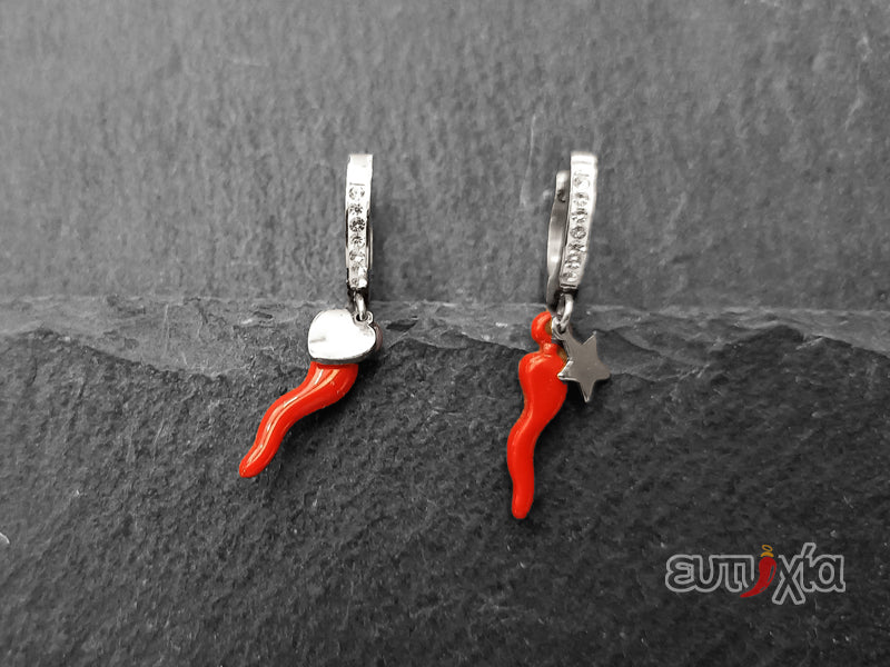 Orecchino Amelie cornetto rosso con stella e cuore in acciaio