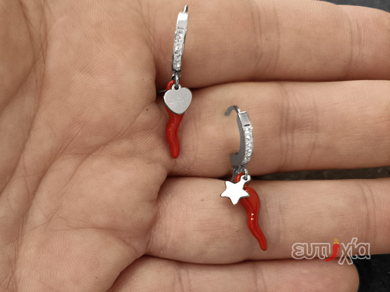Orecchino Amelie cornetto rosso con stella e cuore in acciaio
