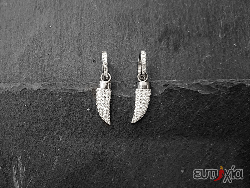 Orecchino pendente cornetto con zirconi bianchi realizzato in acciaio 316L