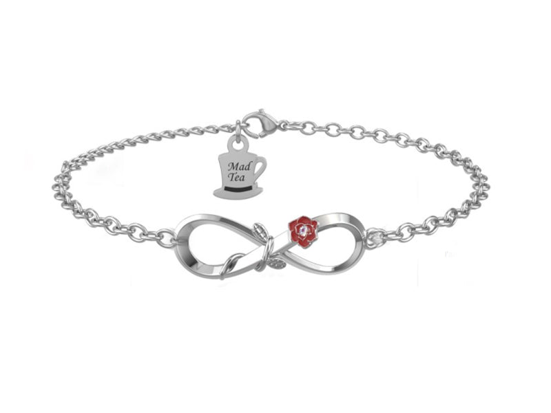 Bracciale con simbolo dell'infinito adornato dalla rosa incantata della Bella e la Bestia impreziosita da un cristallo punto luce.