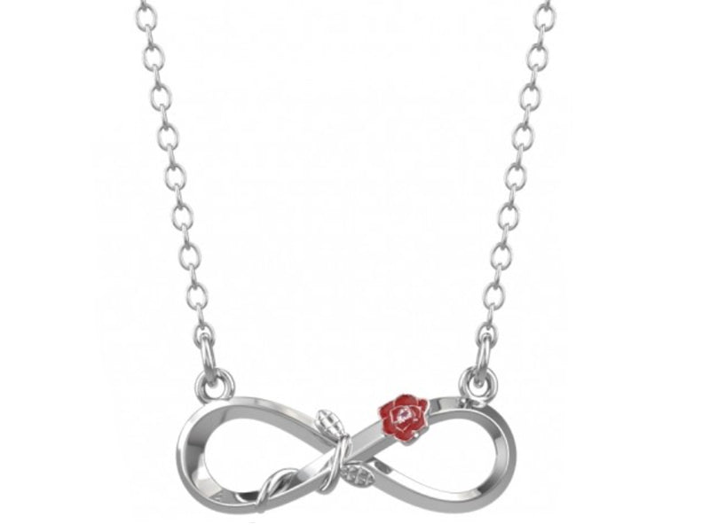 Collana con simbolo dell'infinito adornato dalla rosa incantata della Bella e la Bestia impreziosita da un cristallo punto luce.