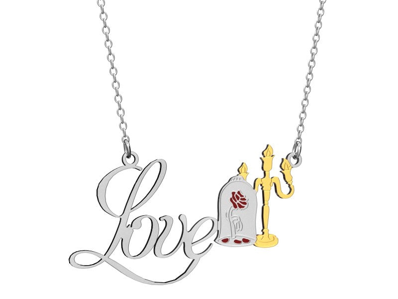 "Lui le insegnò a combattere, lei gli insegnò ad amare ❤️"  Collana "Love" della Bella e la Bestia con la rosa incantata e il simpatico candelabro "Lumière"