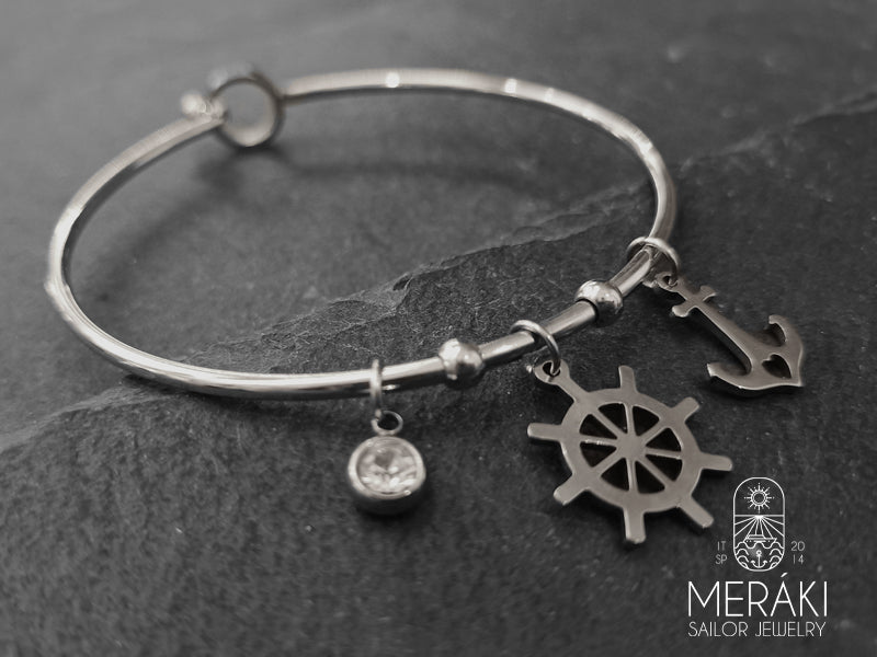 Meraki sailor jewelry stainless steel anchor with rudder bangle bracelet