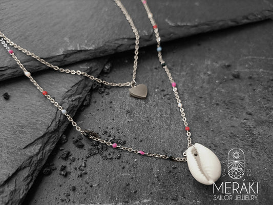 Cowrie Shell &amp; Heart Layered Nautilus Necklace 
