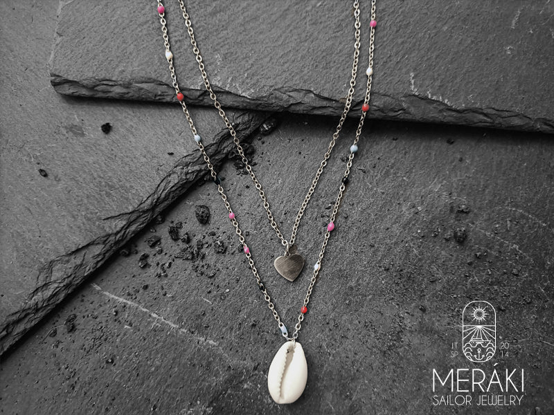 Collana Nautilus a strati conchiglia Cowrie & cuore