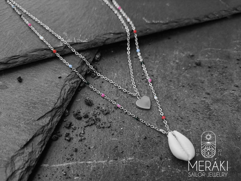 Collana Nautilus a strati conchiglia Cowrie & cuore