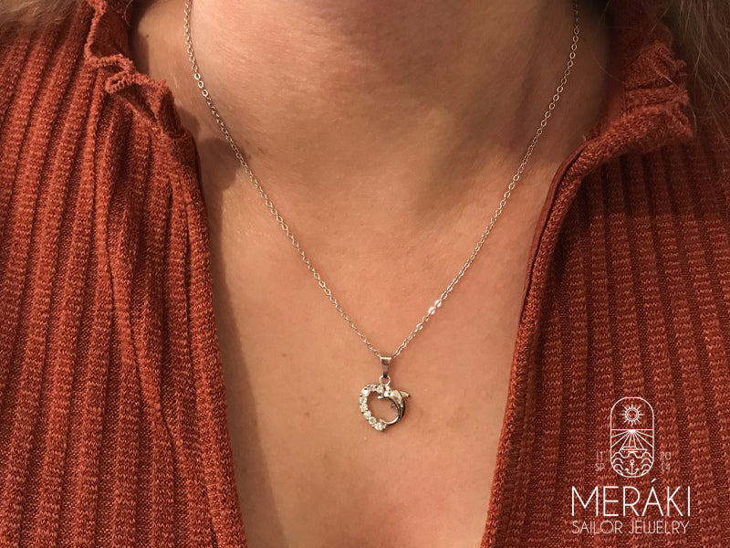 Meraki Stainless steel Dolphins with heart necklace