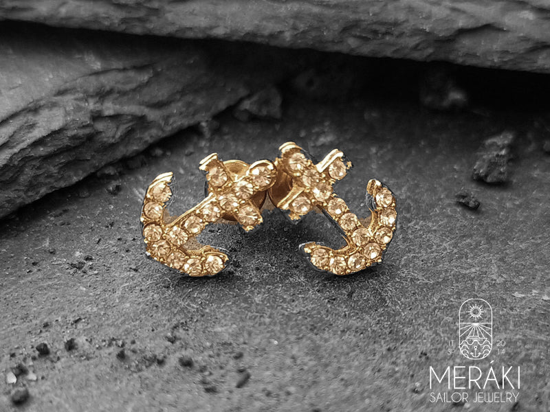 Orecchini Darkwate ancora dorata con zirconi in acciaio