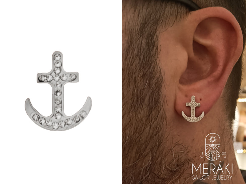 Mono orecchino a perno in acciaio con ancora e zirconi