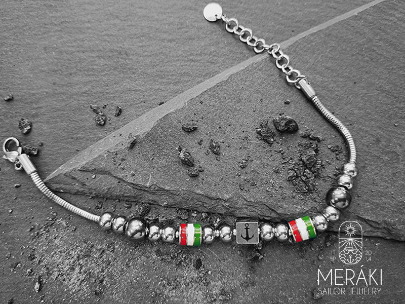 Stainlees steel snake bracelet with italian flag and anchor