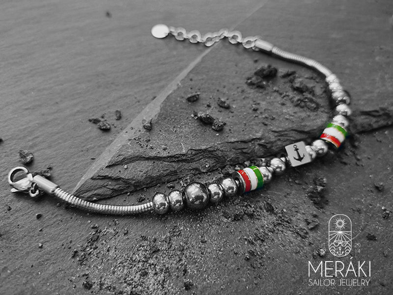 Stainlees steel snake bracelet with italian flag and anchor