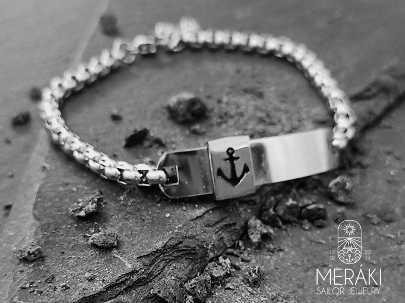 Bracciale Plate in acciaio con targhetta argentata e ancora