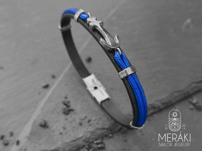 Bracciale Blue William in Pelle e Cordino Nautico con ancora su ardesia