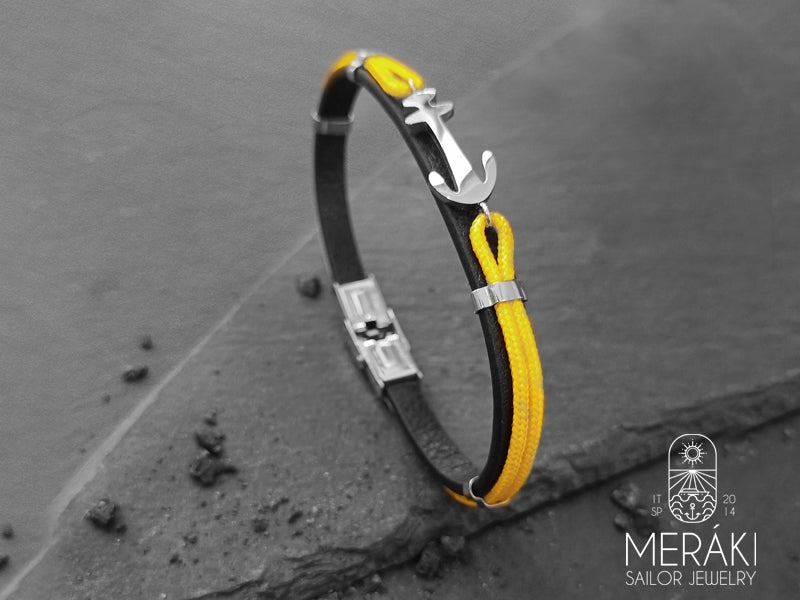 Bracciale William in Pelle e Cordino Nautico con ancora in acciaio