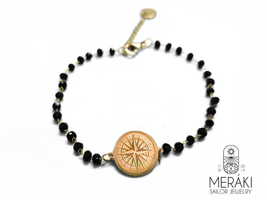 Rdv bracelet with black beads and wind rose 