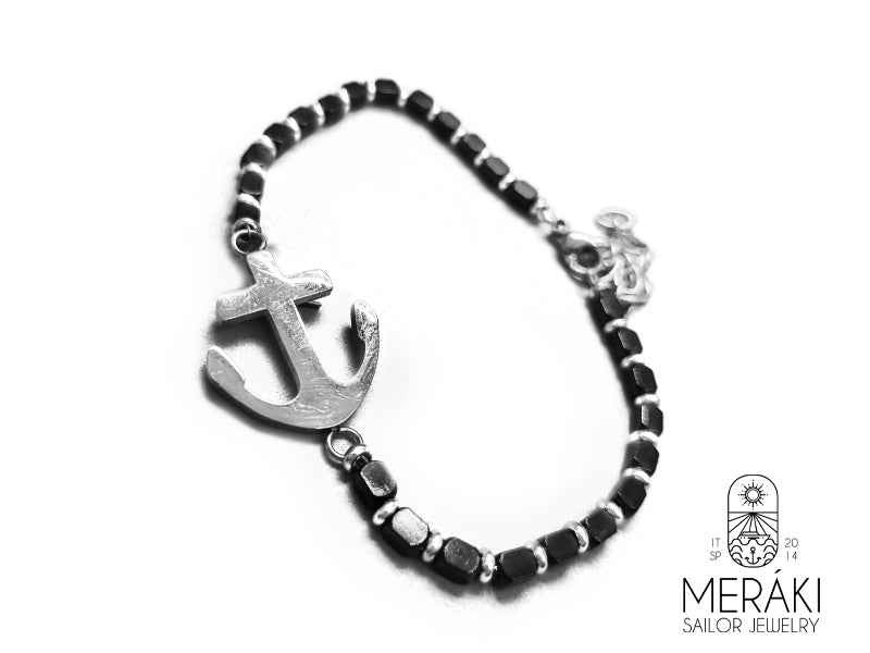 Bracciale ematite ed acciaio con ancora centrale