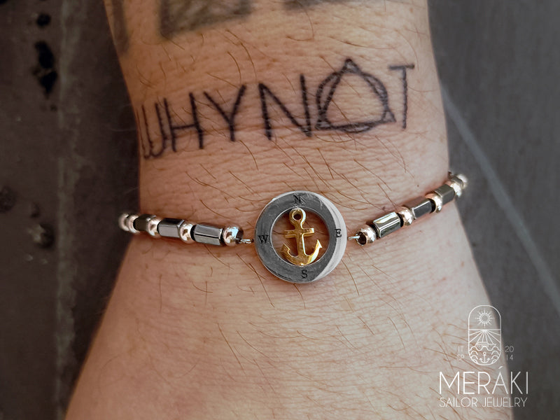 Bracciale con punti cardinali e ancora in acciaio ed ematite