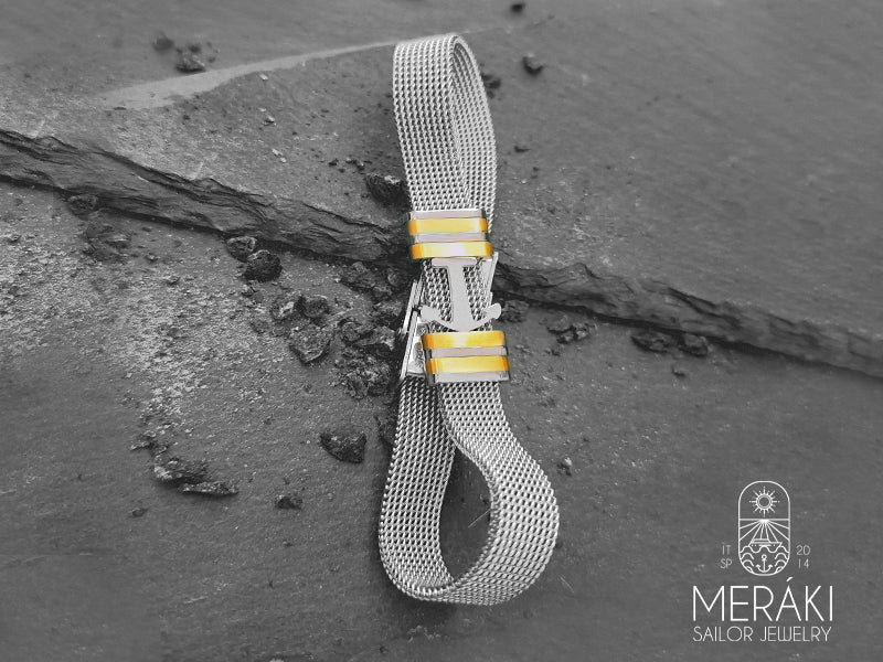 Bracciale Gold mesh con ancora centrale ed inserti dorati