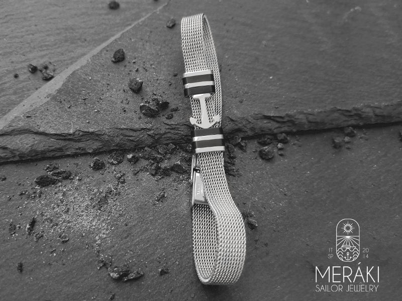 Bracciale Black mesh con ancora centrale