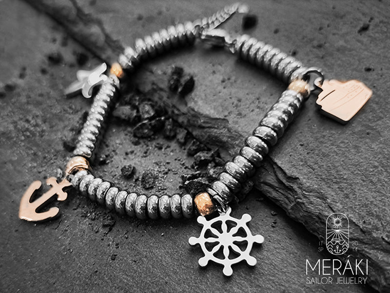 Meraki bracciale Cruise in acciaio con ancora, timone, stella marina e barca