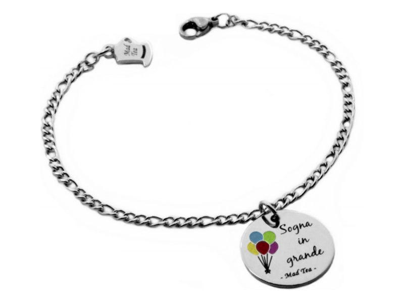 Bracciale con dolce targhetta con incisa la frase "Sogna in grande" e tanti piccoli palloncini colorati.