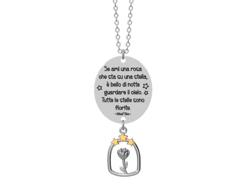 Questa dolcissima collana rappresenta la vera essenza della rosa e della stella del Piccolo Principe: amore e amicizia.